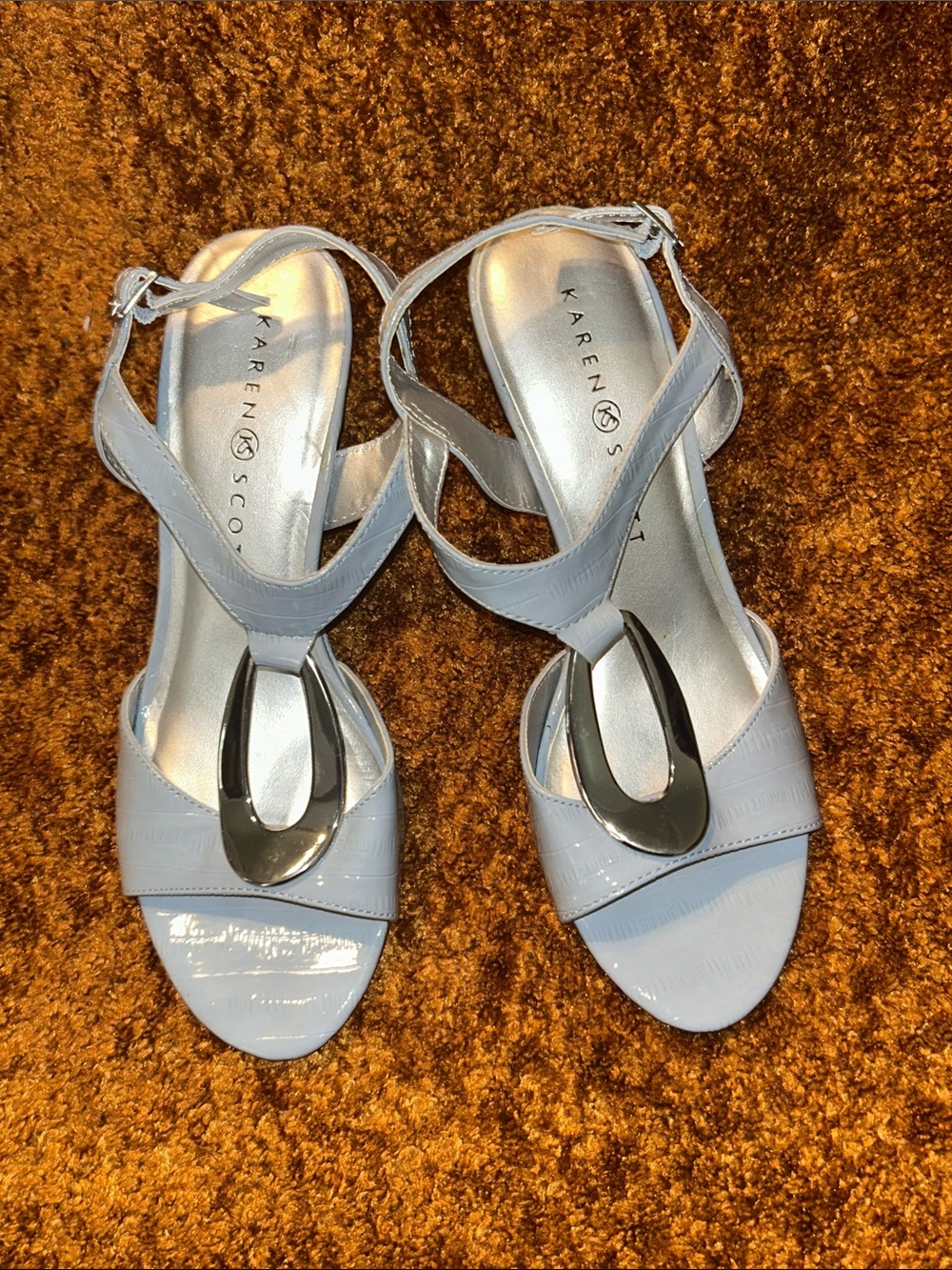 Karen Scott Light Blue Patent T-Strap Heels with Silver Accent